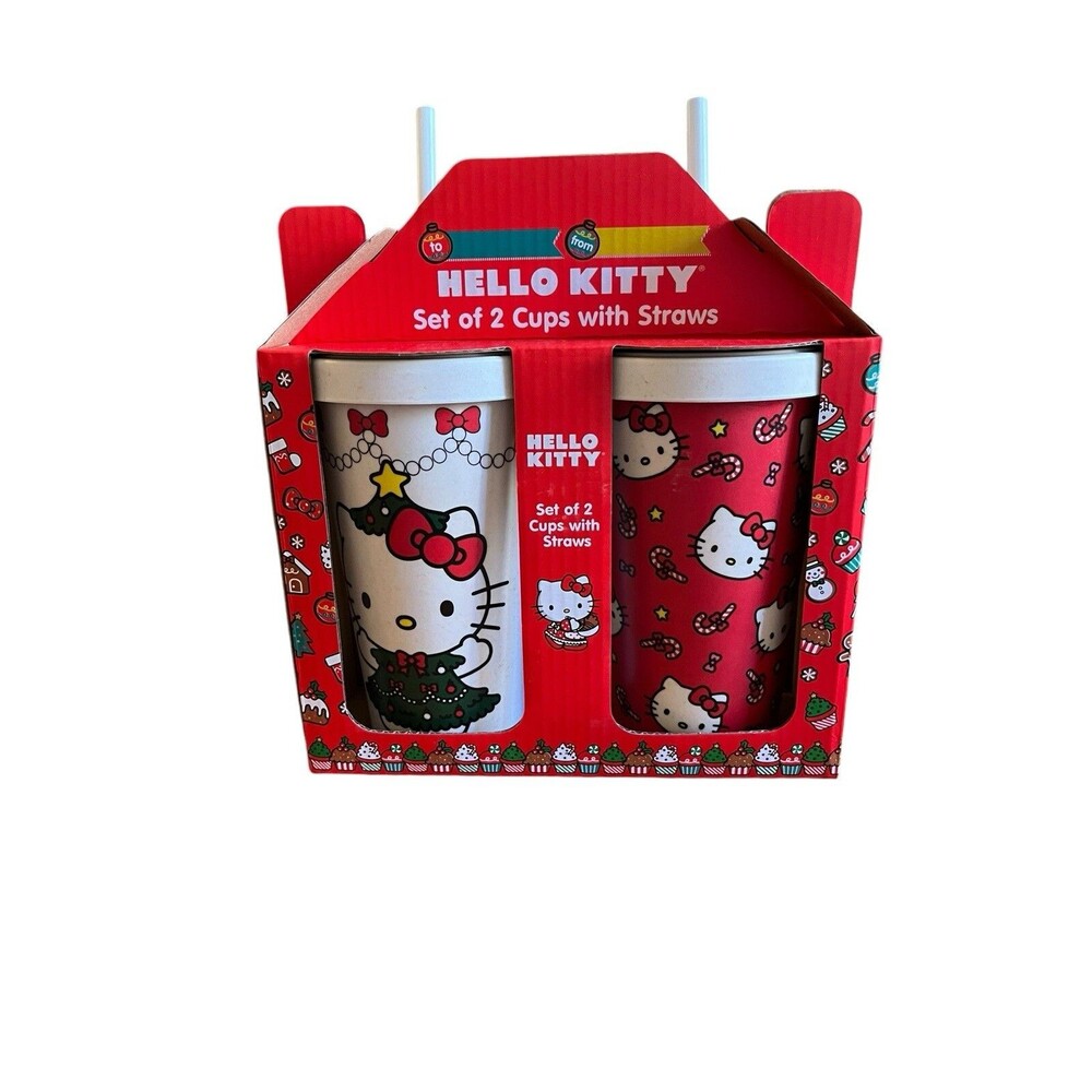 *NEW* Hello Kitty Christmas Set Of 2 Cups With Straws 16oz Tumbler Set